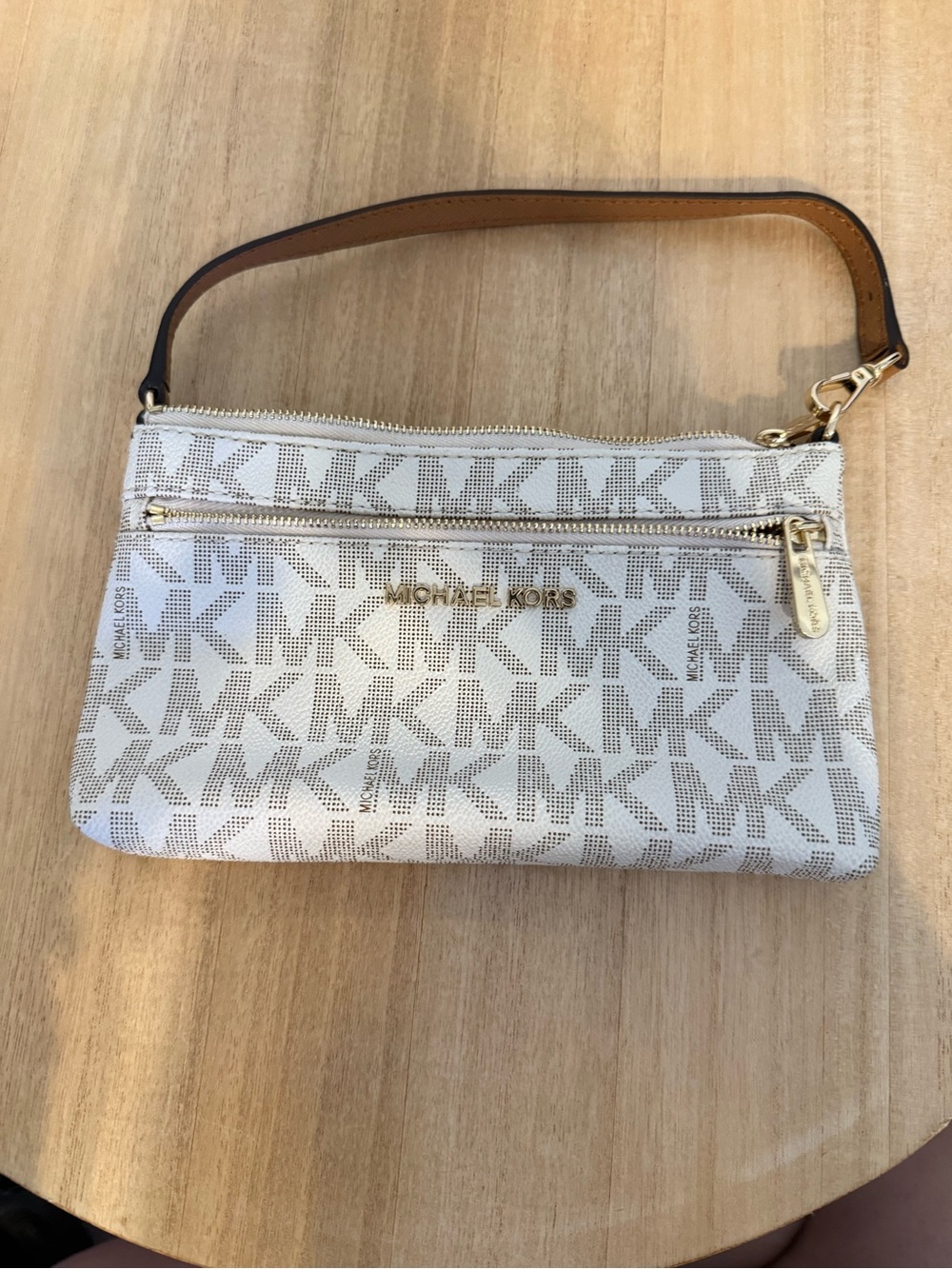 Michael Kors White and Tan MK Logo Wristlet